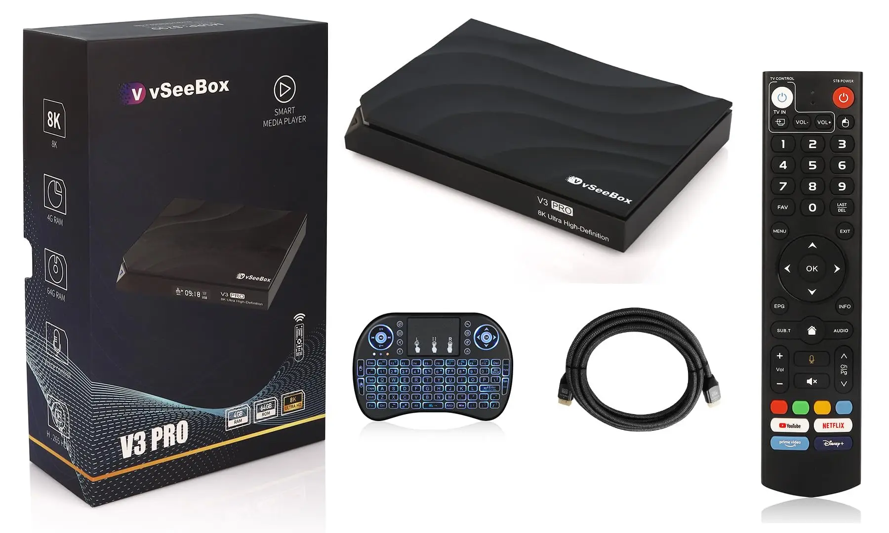 Pacote vSeeBox V3 Pro selado ORIGINAL 8K HDMI, cartão/drive de 64 GB, extensor WiFi, teclado