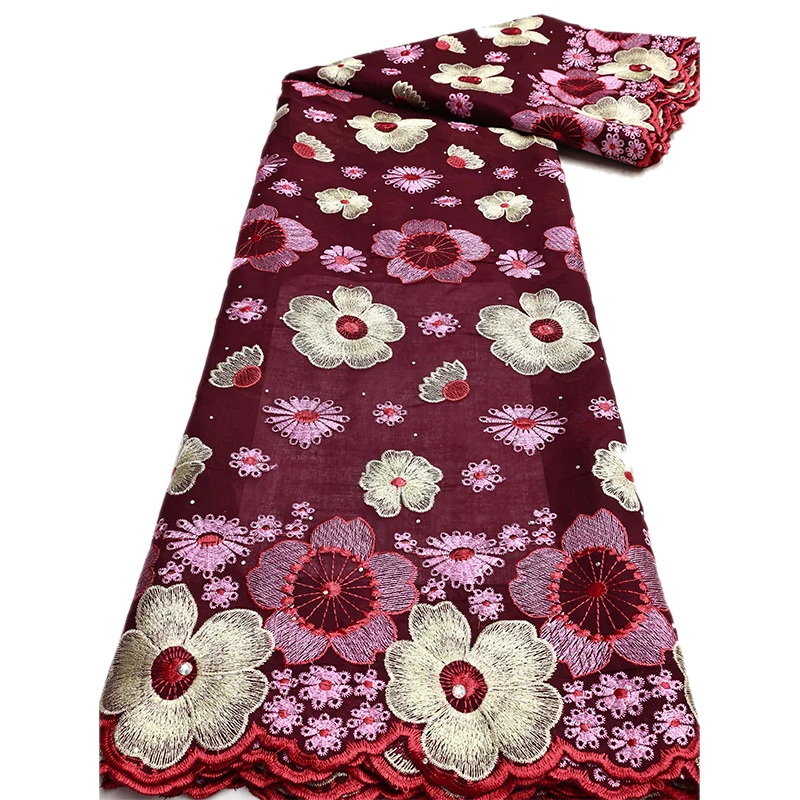

African Cotton Swiss Voile Lace Fabric Hibiscus Pattern Emboroidery with Rhinestone for Celebration Dres Home Decor Lace Fabric