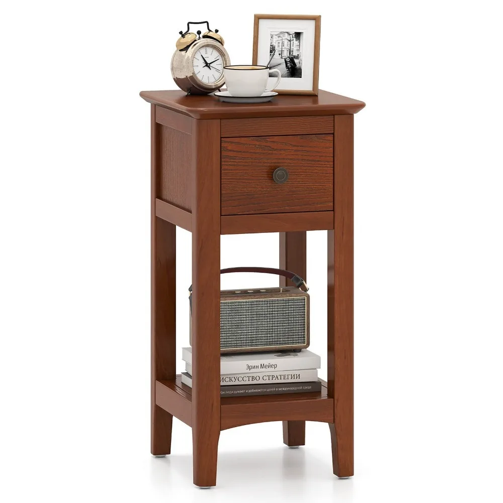 Nightstand 3-Tier Bedside Table w/ Open Storage Shelf & Narrow Side Table
