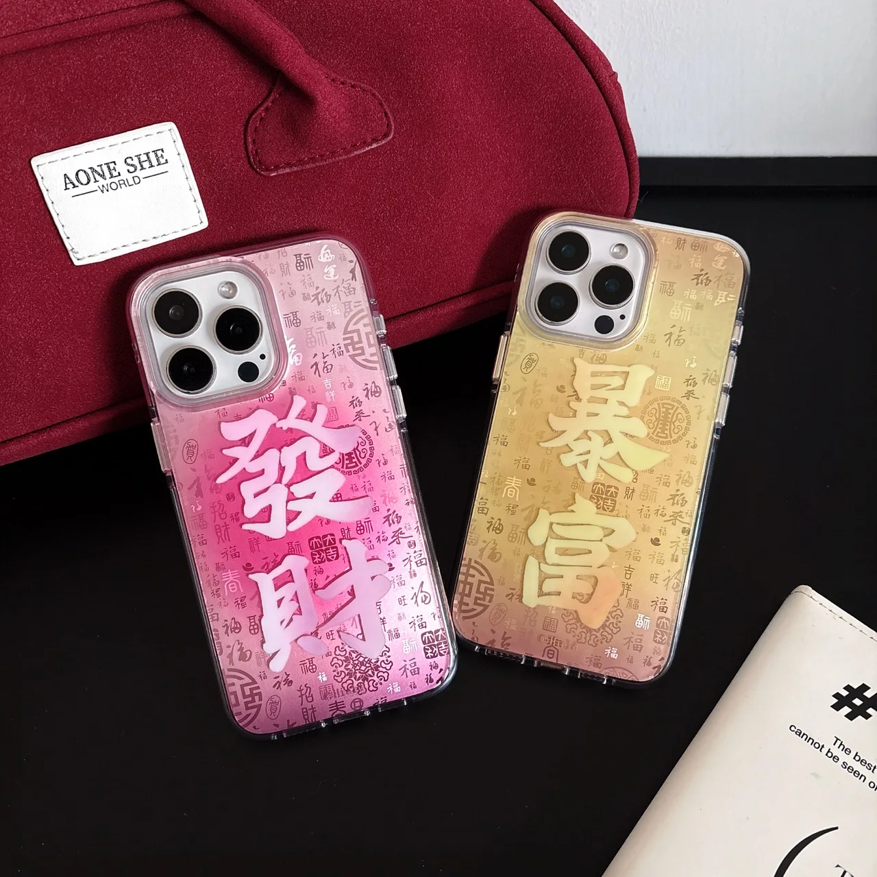 Chinese Style Gradient Color Chinese character Pattern for iPhone 16 Pro 15 14 13 12 Smartphone Luxury Protective Case Fa Cai