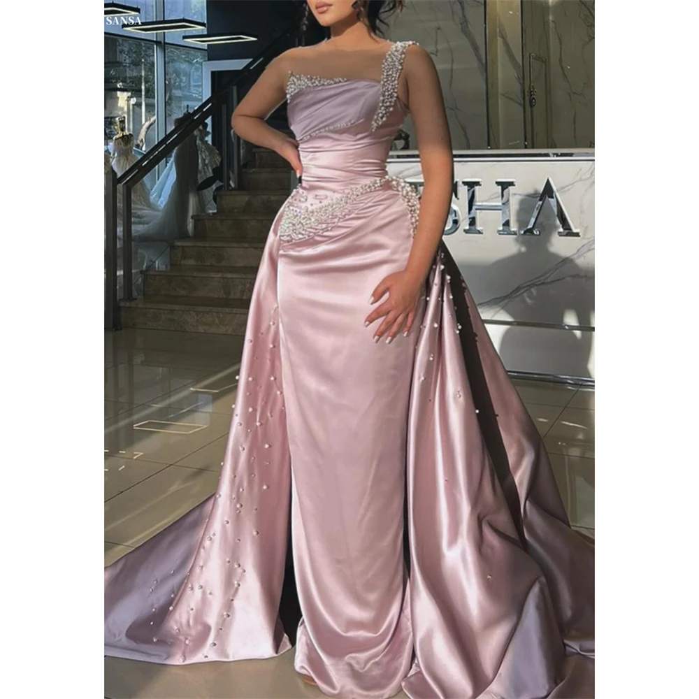 

Sansa Customized Pink Pearls Mermaid Off the Shoulder Prom Dress Sleeveless Vestidos De Noche Floor-Length Formal Evening 2025