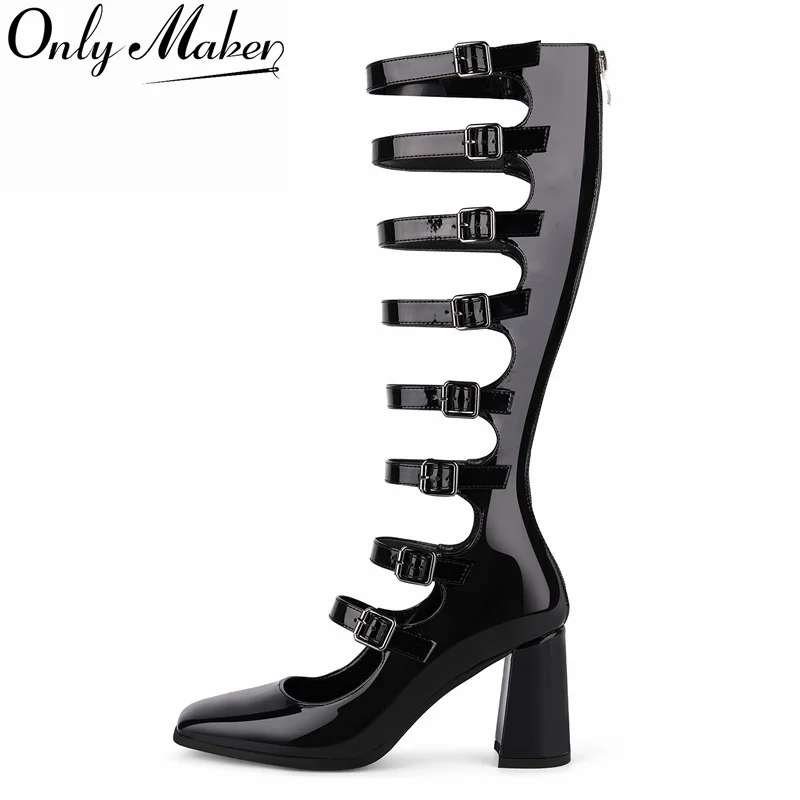 

Onlymaker Women Square Toe Buckle Straps Multi Buckle Strap Knee High Boots Hollow Back Zipper Chunky Heeled Boots