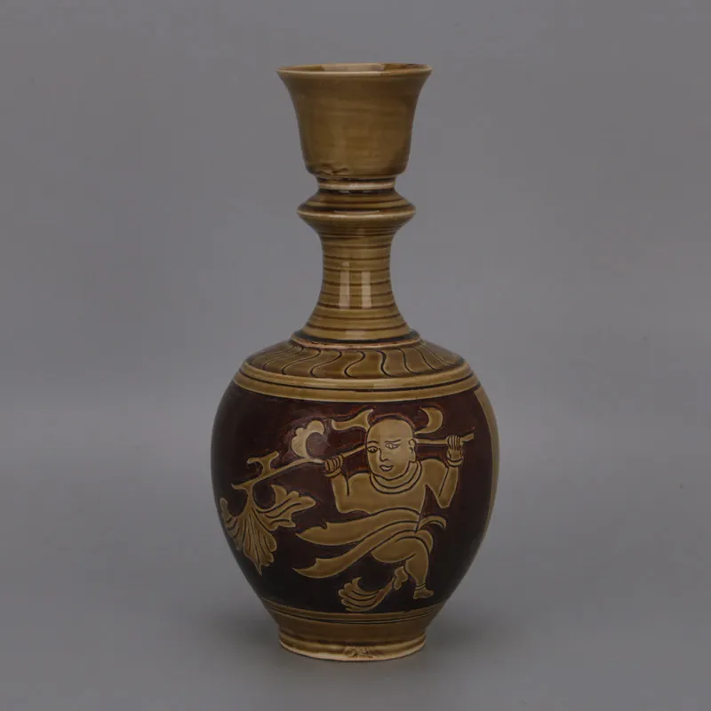Song Dynasty Style Ding Kiln Brown Glaze String Pattern Baby Play Garlic Head Vase Antique Replica Home Decor Collectible