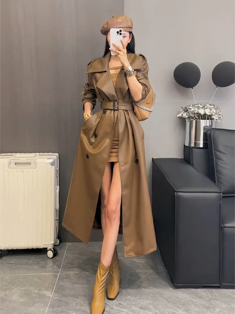 Women's Extra Long Oversized Trench Coat Spring Autumn Cool Black PU Leather Belted Runway Fashion 2025