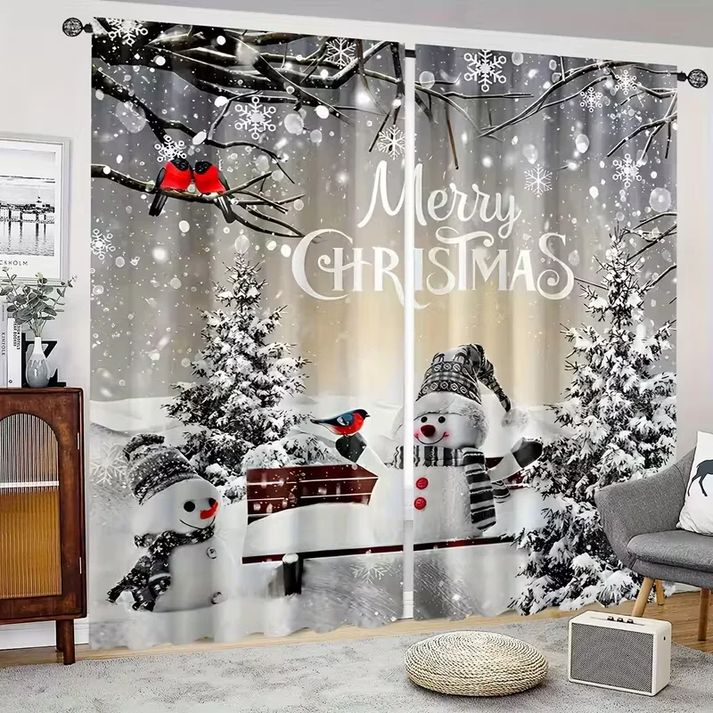 2pcs Snowman & Merry Christmas Curtains Winter Design Polyester Window Decor for Holiday Living Room Bedroom Rod Pocket Curtains