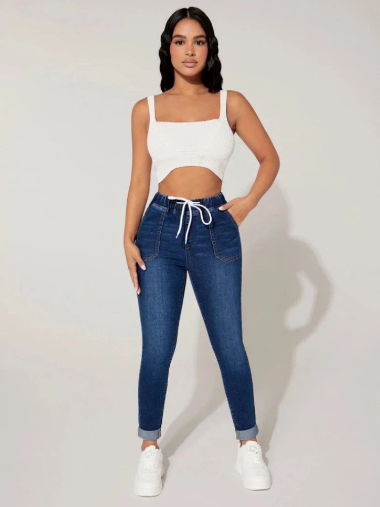 2023 Fall New Women Elastic Waist Ankle-Length Jeans High Waist Stretch Fashion Drawstring Skinny Denim Pencil Pants S-2XL