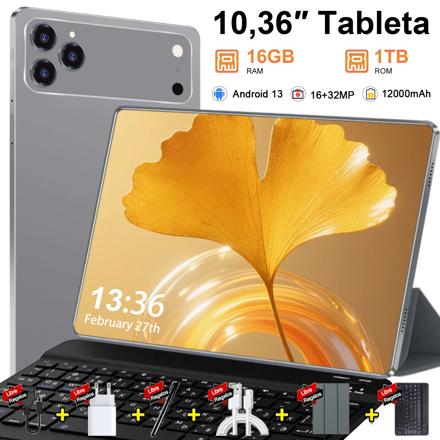 Tablet Global Nueva 2026 de 10 núcleos, 16GB, 1TB, Android 13, Pantalla de 10.36 pulgadas 4K HD, 5G WIFI, Bluetooth, WPS, 12000mAh