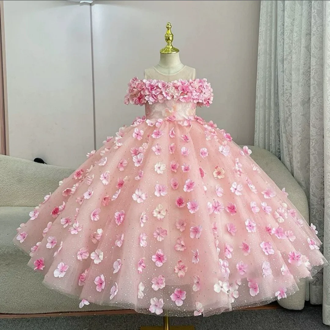 Elegant Sleeveless Princess Dress For Girls Performance Children's Floral Appliques Flower Girl Beautiful Birthday Celebration
