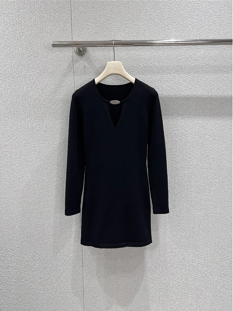 

Весенне-летнее модное черное винтажное вязаное мини-платье женское с круглым вырезом, ажурное, с длинным рукавом, на резинке, облегающее, короткое