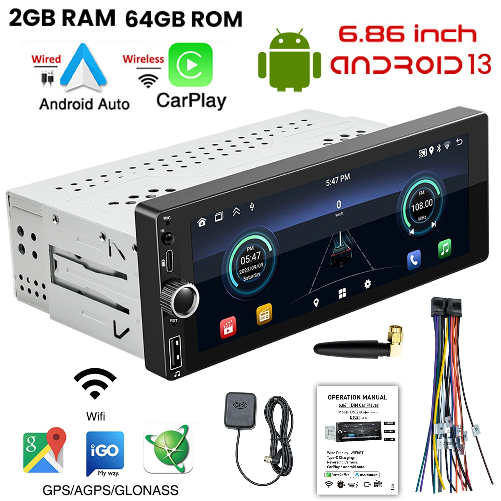 1Din Android 13.0 Car Radio Wireless CarPlay Android-Auto Bluetooth Handsfree GPS FM RDS USB 