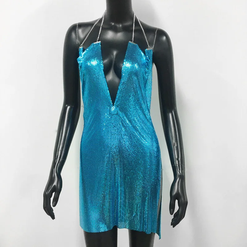 

Sexy Blue Chainmail Party Dress Chain Detail Deep V Neck Split Hem Backless Metallic Halter Slip Dress