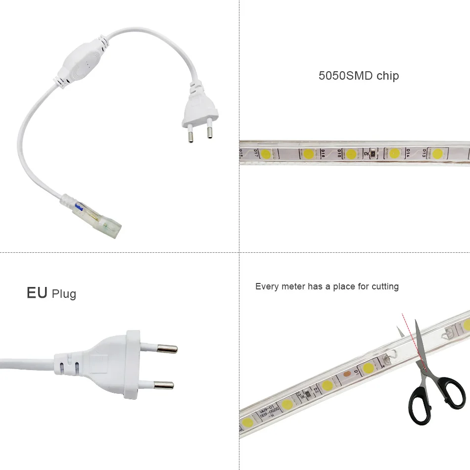 5050 LED 스트립 조명, 방수 LED 테이프 리본, 고휘도, 유연한 주방 야외 정원 램프 테이프, EU 플러그 포함, 220V