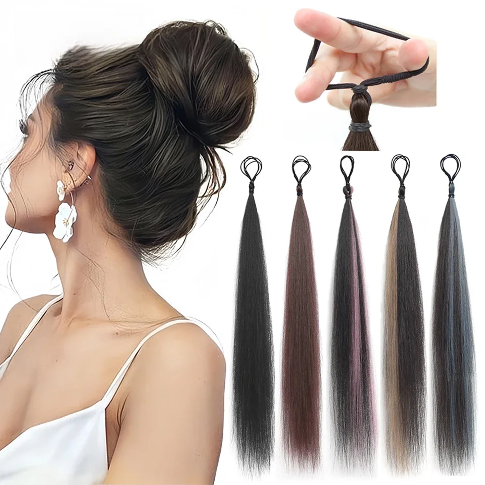 Syntetyczny kok z włosów kręcone proste włosy roztrzepany kok Scrunchies Updo opaski do włosów gumką treski dla kobiet objętość Fringe fałszywe — zdjęcie 2