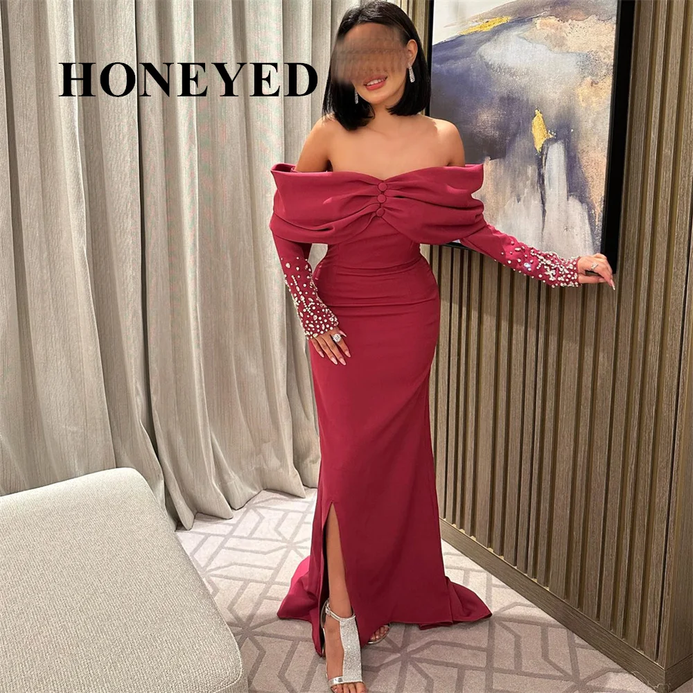 HONEYED 2024 Beads Long Sleeves Prom Dresses Off The Shouler Evening Dress Formal Saudi Arabia Cocktail Party Gowns Plus Size