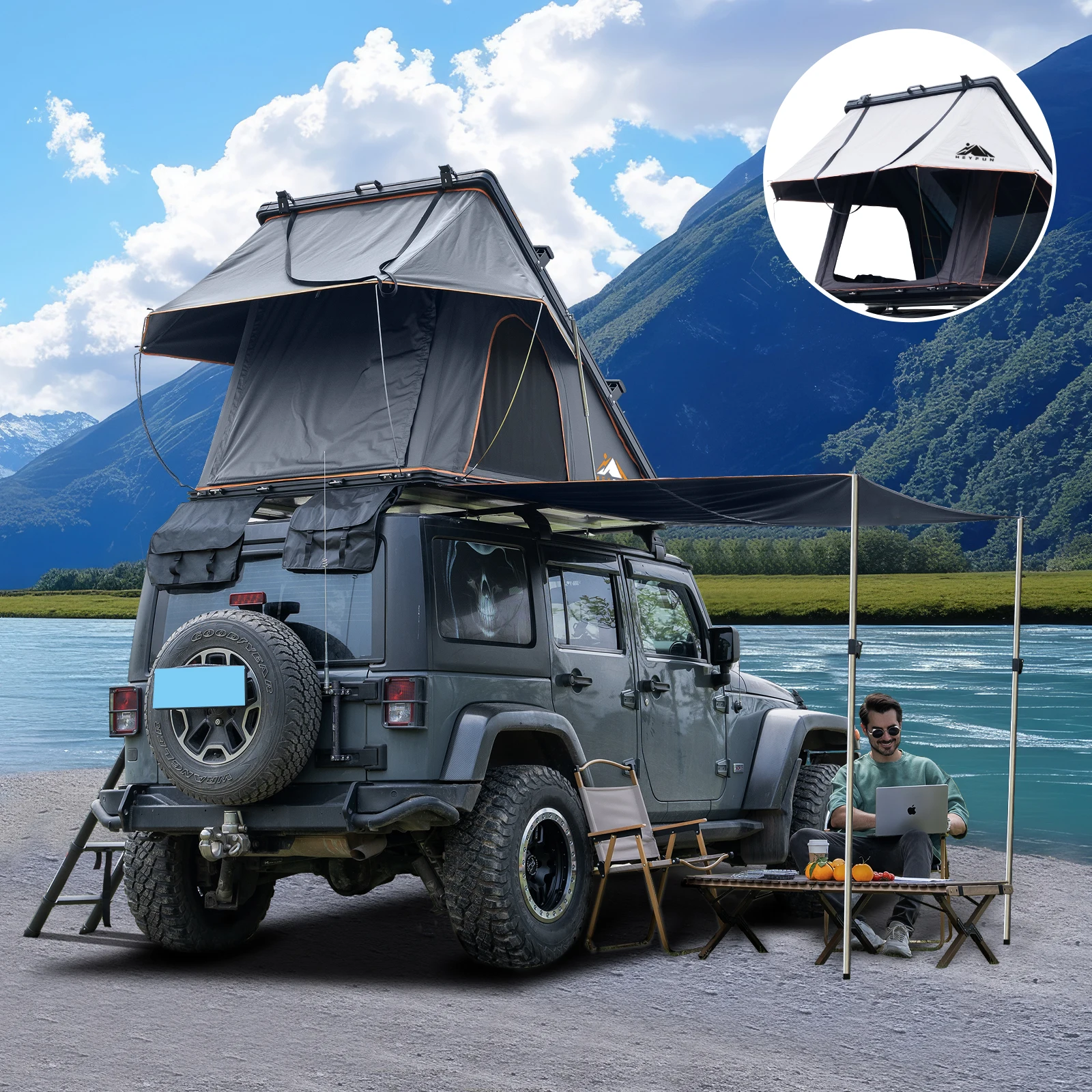 Adventurer Plus Rooftop Tent Hardshell with Side Awning, Air Conditioner Outlet with Bracket, Replaceable Rain Flies