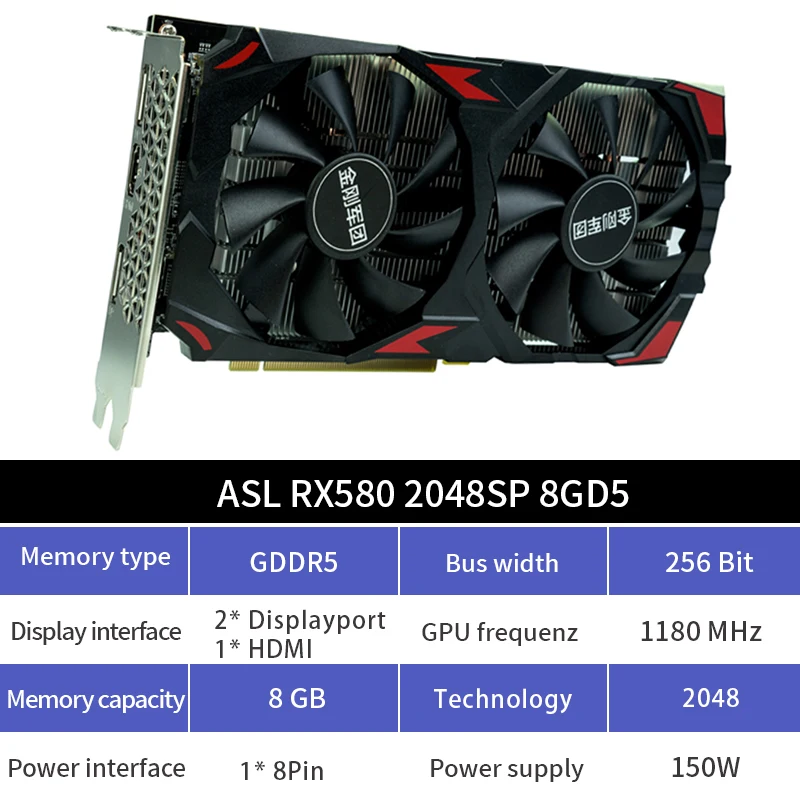 Asl amd radeon rx 580 2048sp 8gb gddr5 256bit pci-e 3.0 placa de vídeo para jogos placa gráfica com hdmi-compatível dp para computador pc