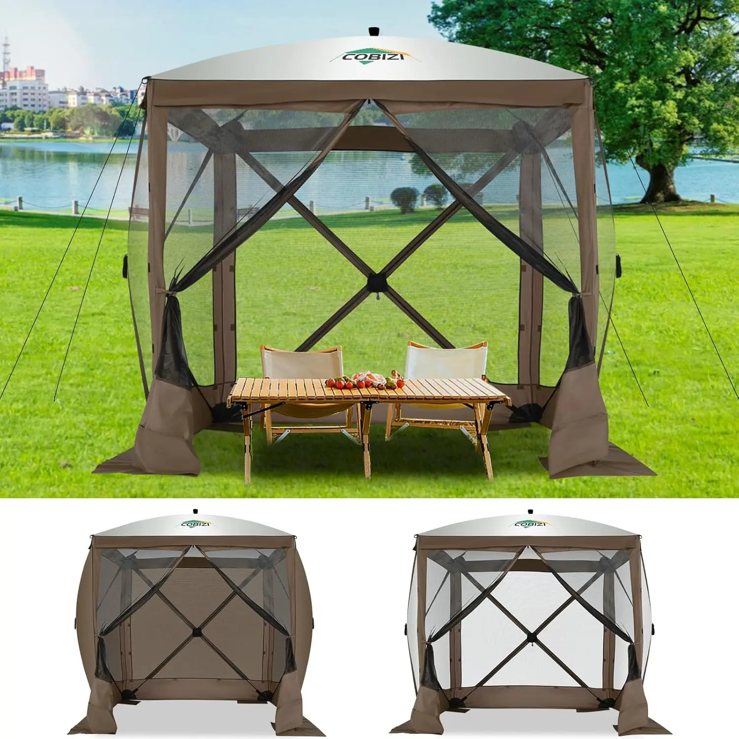

8x8ft Pop Up Gazebo Screen Tent Portable Outdoor Canopy Sunshade Shelter Awning With Carry Bag Ground Stakes With 3 Sidewall