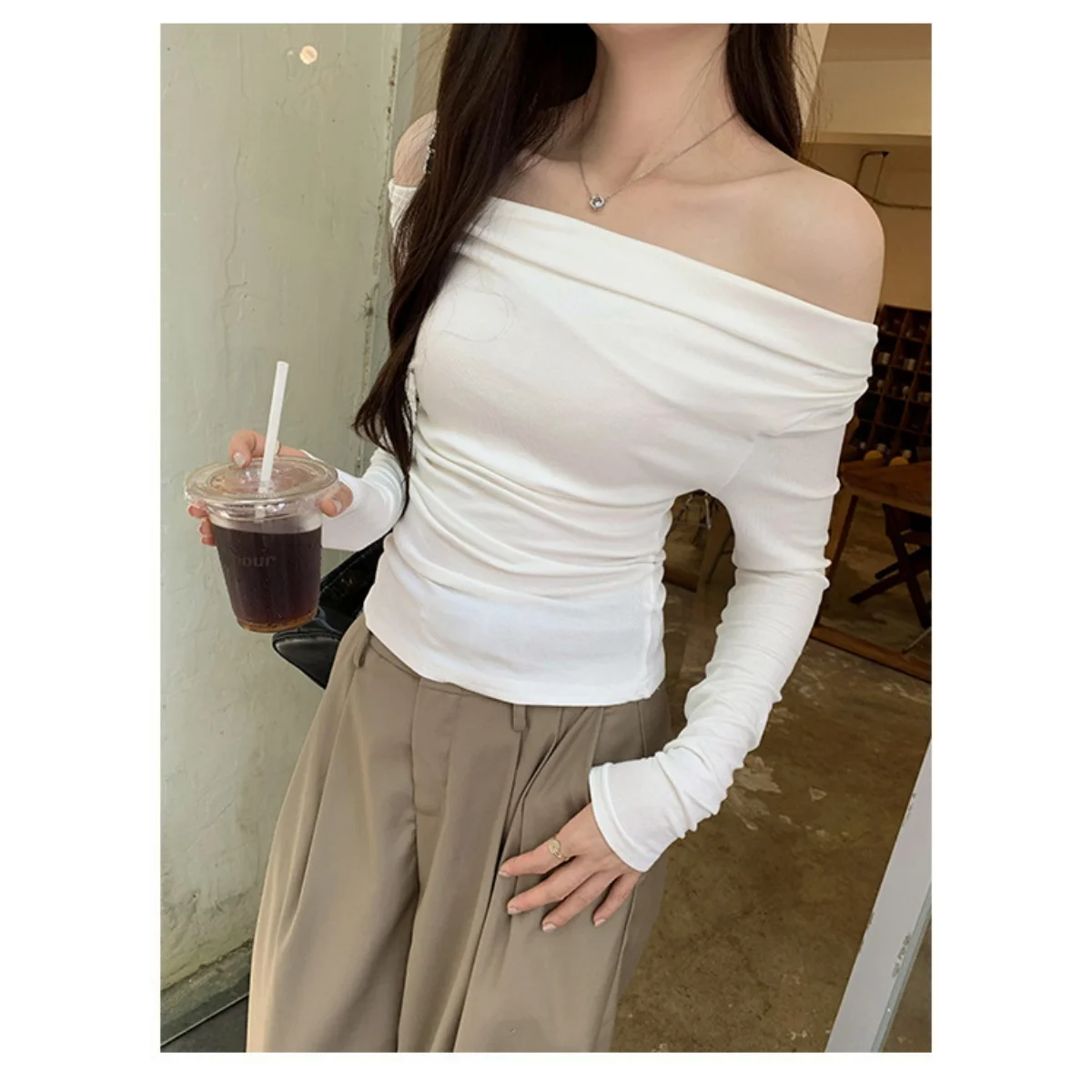 Sexy Thin T-shirt Women‘s Long Sleeve Casual Tops Slim Slash Neck Solid Color Tees Female Spring Summer Daily Holiday Streetwear