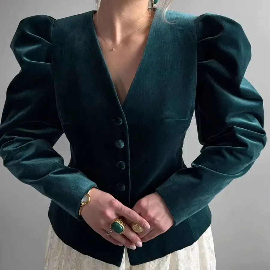IG 2026 Women's V Neck Velvet Blazer Jacket, Puff Shoulder Long Sleeve Vertical Matching Button Front Slim Fitted Waist Flap Poc