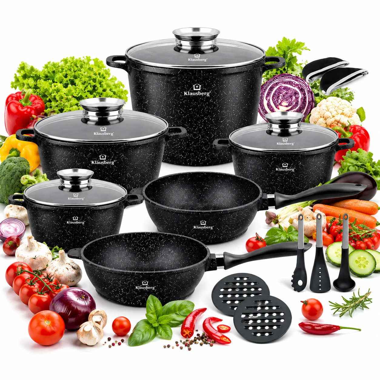 Ensemble de casseroles KlönBerg, 17 |   avec revêtement marbré |   pot |   avec couvercle |   revêtement antiadhésif |   pour cuisinières à induction |   parfait pour un cadeau |   pour tous types de