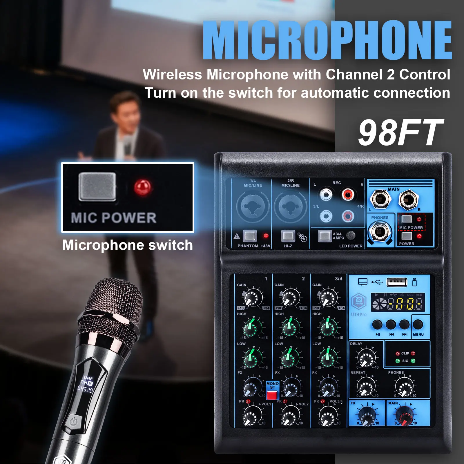 Professional 4-Channel Audio Mixer 48V Phantom Power USB Sound Console for Live Streaming Karaoke Party.2 microphones