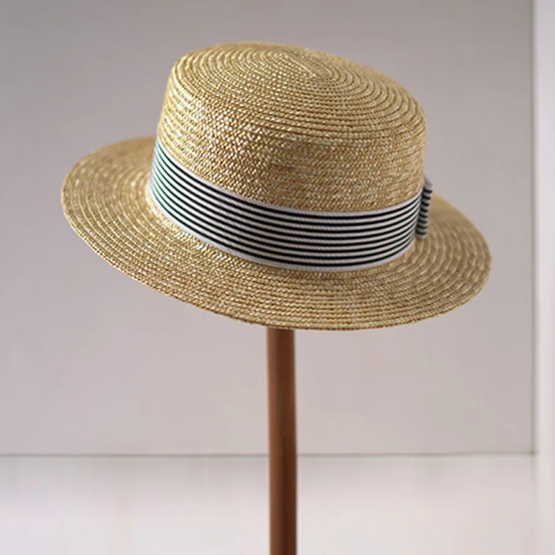 Wide Brim Boater Hats Flat Top Sun Hat Stripe Ribbon Bow Summer Fedoras Hats Ladies Derby Hat Stage Performance Beach Party Hat