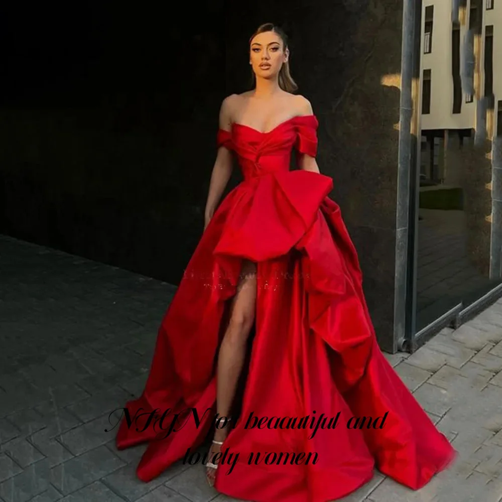 

NFYN Red A Line Prom Dress V Neck Off the Shoulder Celebrity Dress Side Split Women's Evening Dress Stain Formal Gown Customized