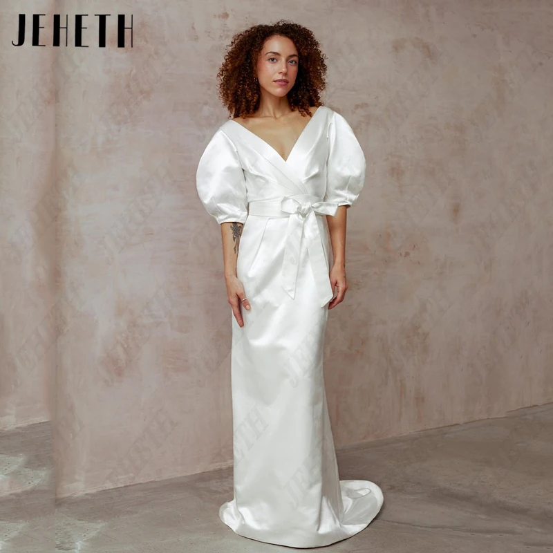 

JEHETH Half Puff Sleeves V-Neck Wedding Dress For Women Vintage Belt Mermaid Bridal Gowns Satin Vestidos De Novia Custome Made