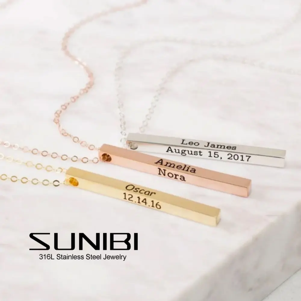 SUNIBI Engraving Stainless Steel Pendant Necklace for Woman Man 4 Sides Long Column Bar Custom Necklace Personalized Jewelry