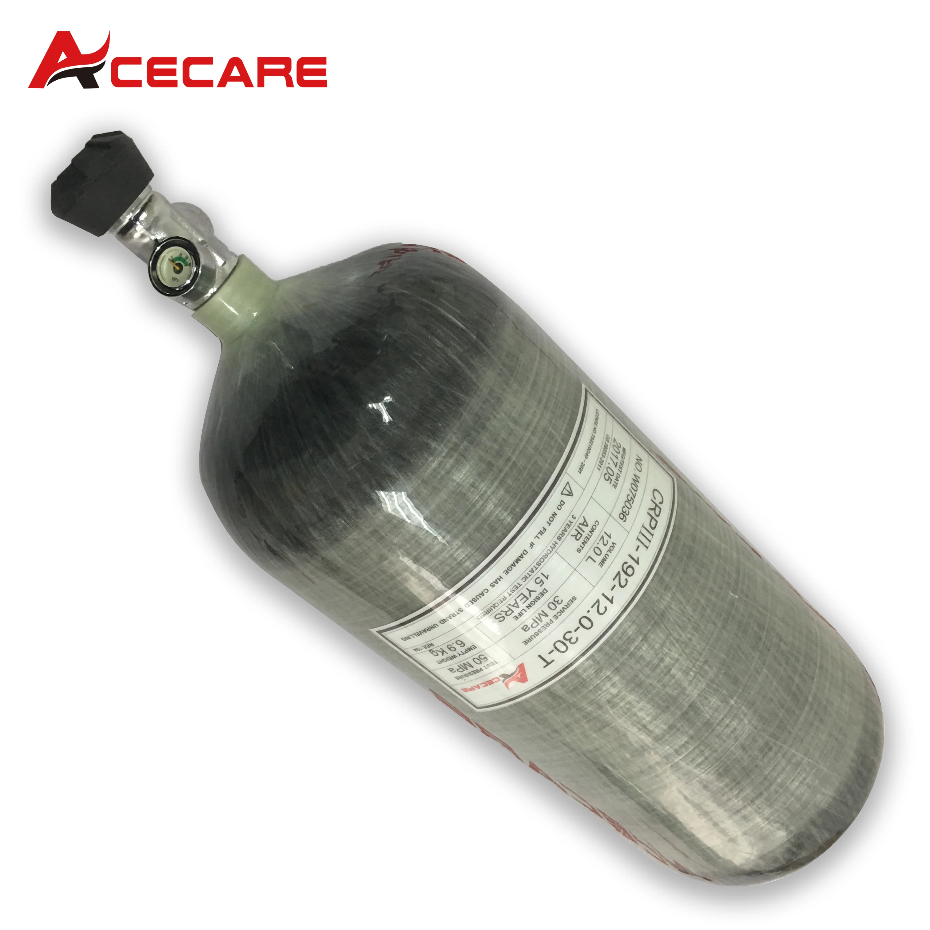 ACECARE 12L Carbon Fibre Gas Cylinders Scuba Diving Tank Snorkelling Equipment 300Bar With Small Gauge Valve For Outdoor Sports