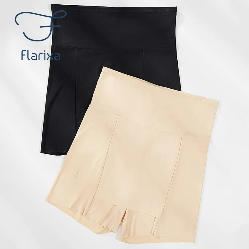 Flarixa gelo seda cintura alta cintura feminina treinador boxer shorts de dupla camada sob a saia de segurança pantstummy shapewear feminino