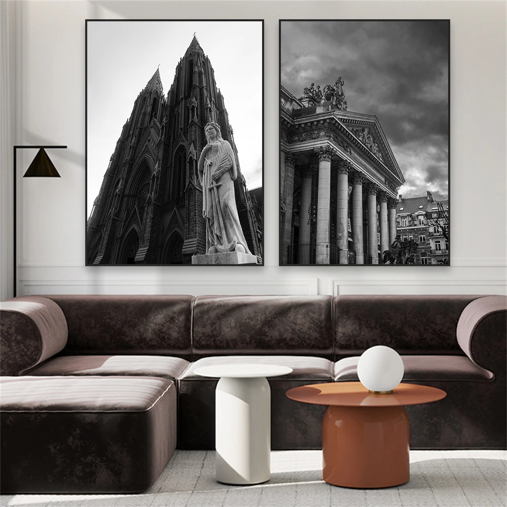 Abstract Black and White Building Print Monument near the Cathedral Poster Brussels Large Canvas Painting Wall Living Room Decor