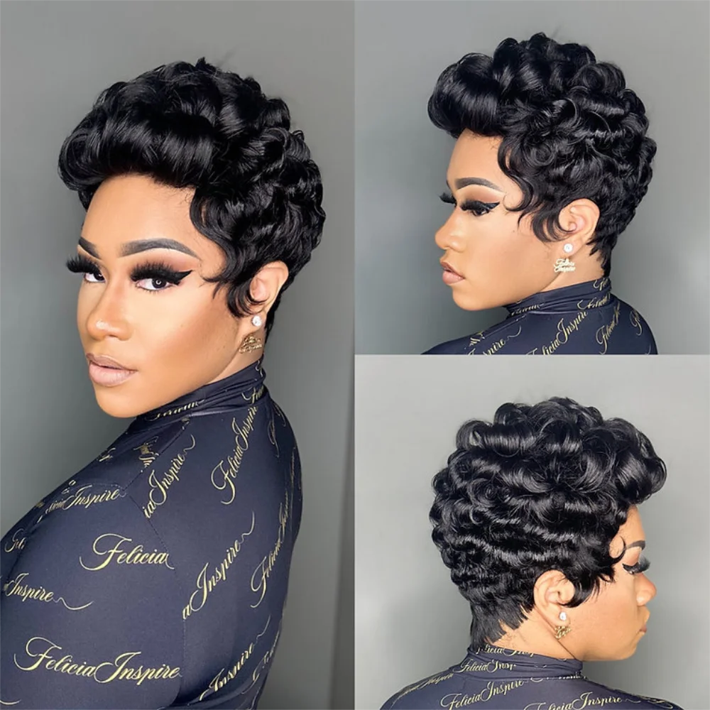 

13x4 Lace Frontal Pixie Cut Wig Brazilian Remy Human Hair Wigs For Black Women Curly Pre Plucked Hairline Short Bob With Bangs