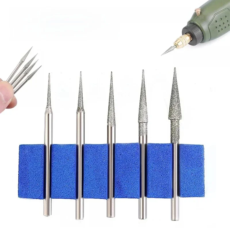 Fraise diamantée de 0,6/0,8/1/1,2/1,5/1,8/2/2,5/3/4 mm avec pointe de 2,35 mm pour verre, pierre, jade, compatible avec les outils rotatifs Dremel