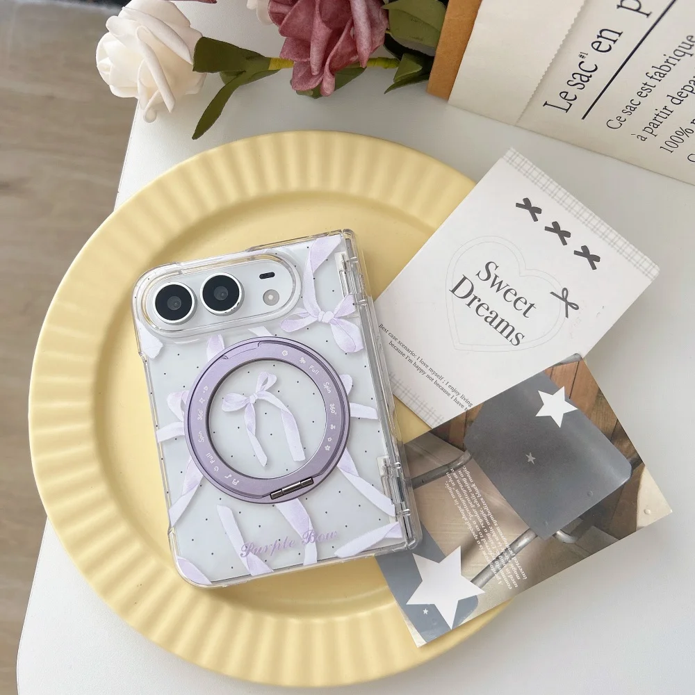Korea Ins Sweet Purple Bow Dot Magnetic Phone Case for iPhone Ultra Cover with MagSafe Holder Fashion Anti-fall Protective Cases