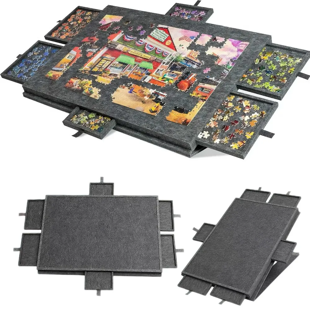 Draagbare puzzelplank van vilt, 1000 stukjes, puzzelplatform, puzzelspellen, 2-in-1 standaard en beschermhoes met 6 sorteerladen