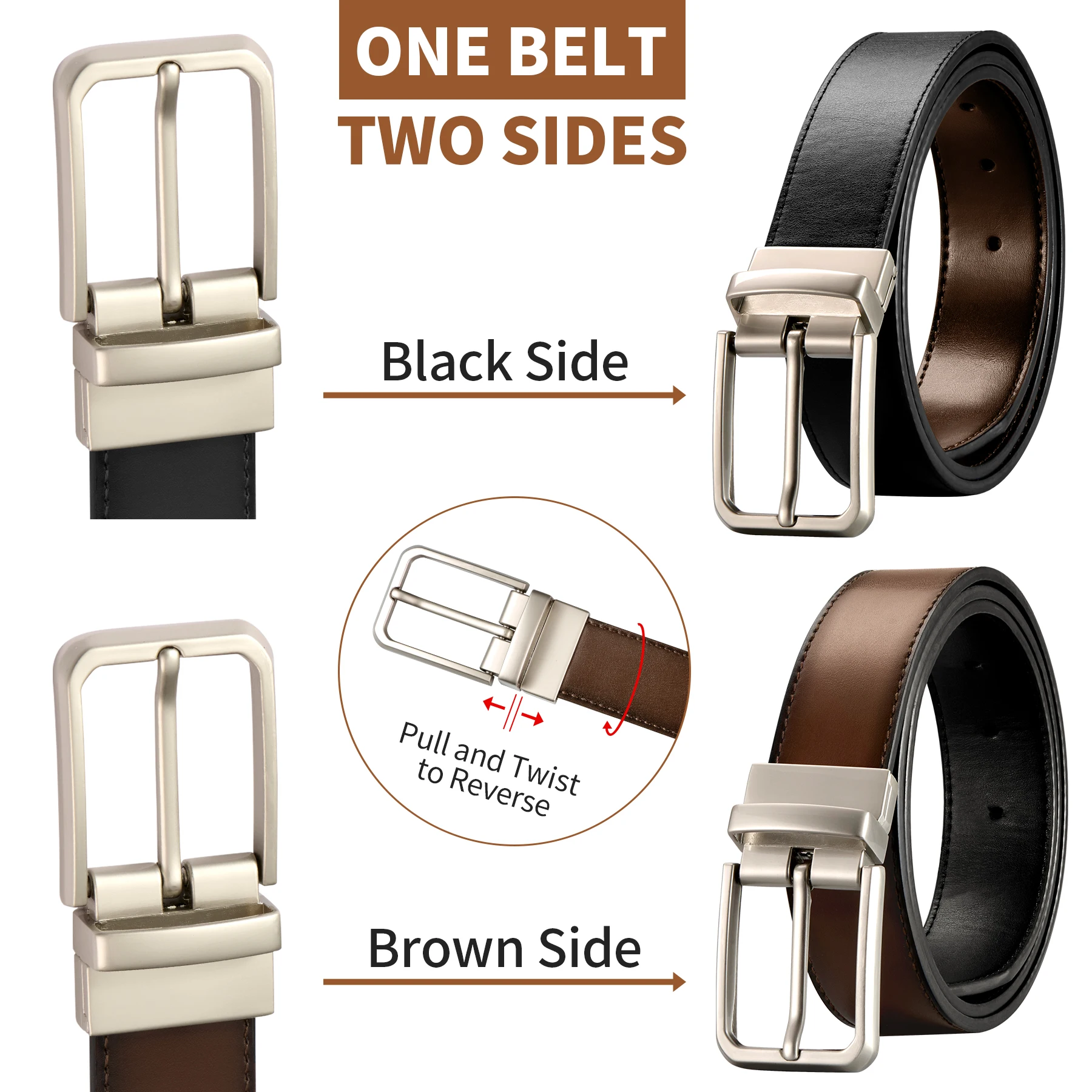 เข็มขัดหนังผู้ชายแบบกลับด้านได้ 1 แพ็ค สไตล์ลำลองสองแบบในเข็มขัดเดียวสำหรับผู้ชายสำหรับใส่กับกางเกงยีนส์และกางเกงเดรส