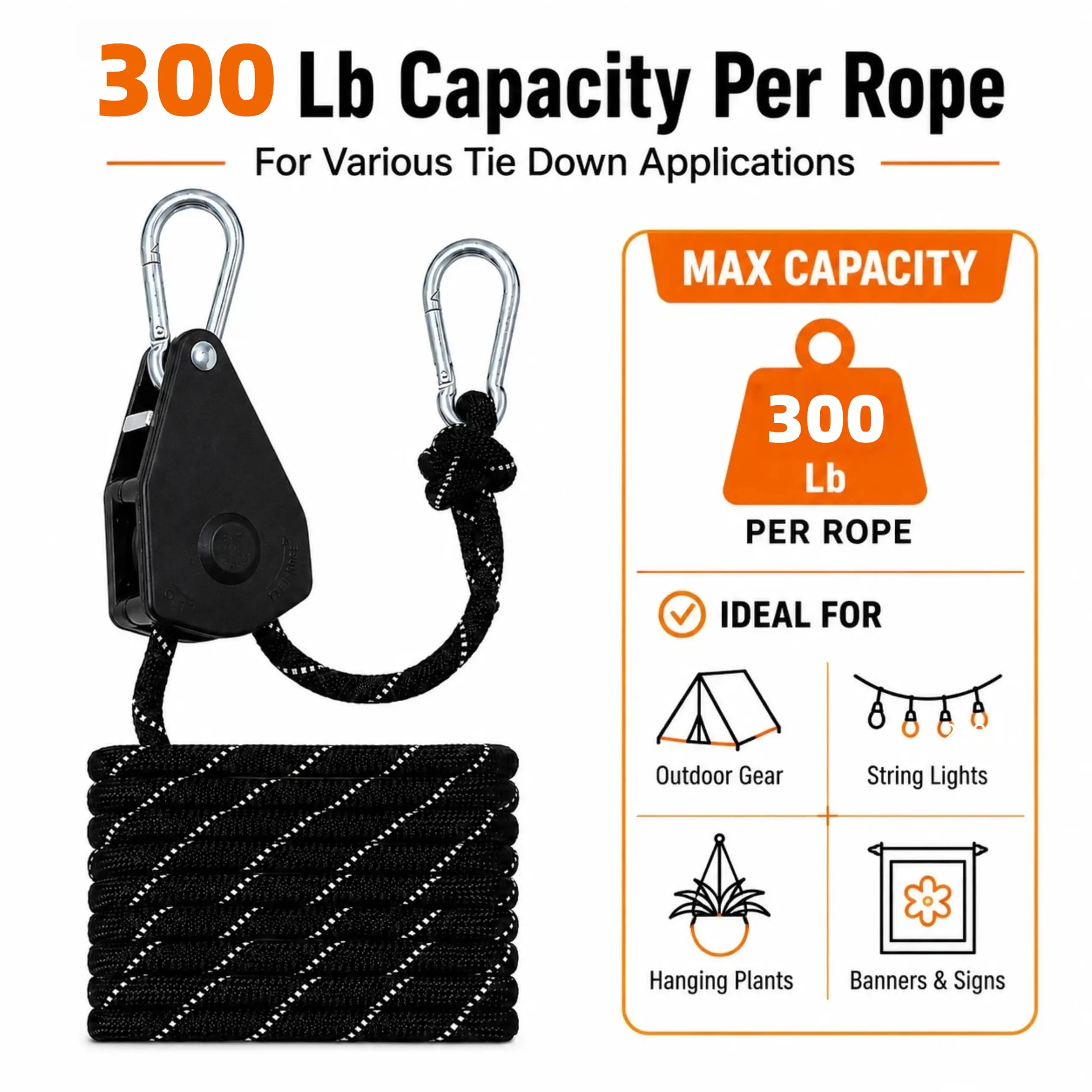 Poulie de verrouillage pour corde de 4 m, 300 lb, 10 mm, polyester tressé réfléchissant, pour fixation de kayaks et transport de marchandises, avec cliquet et engrenage métallique