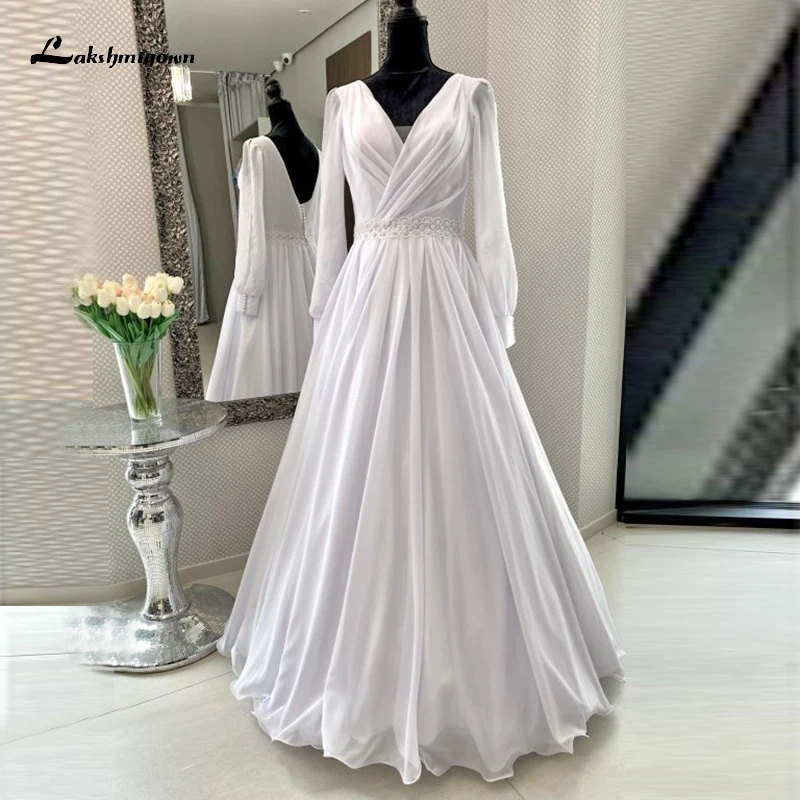 Boho simples decote em v lanterna manga sem costas botão cinto beading a linha vestidos de casamento chiffon vestidos de noiva varrer robe de mariée