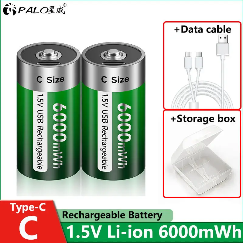 PALO 2-8 Stück 1,5 V LR14 (Größe C) Li-Ionen-Akku, 6000 mAh, Typ-C, ultraschnell aufladbarer Lithium-Akku für Taschenlampe, Radio und Gaskocher