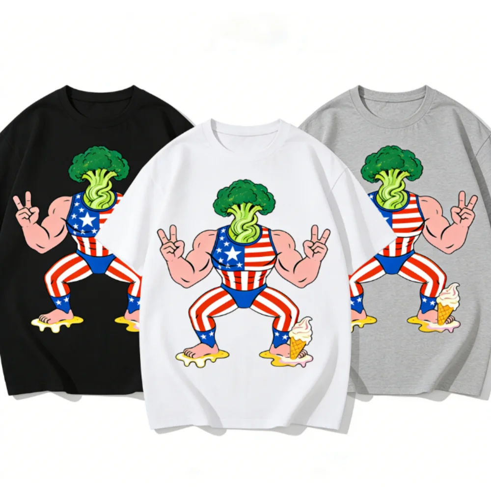 تي شيرت برسومات Broccoli Wrestler، قميص كاجوال مريح، ملابس الشارع الأساسية المريحة للارتداء اليومي، نسيج ناعم قابل للتنفس #1