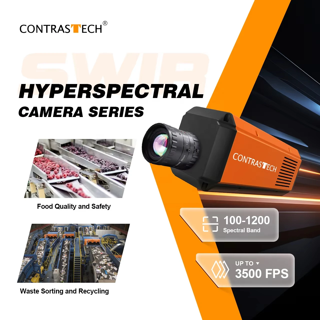 900-1700nm SWIR Hyperspectral Camera 3500fps 13nm FWHM 640p 25μm Slit Width CameraLink for Nuts Sorting Detection CONTRASTECH