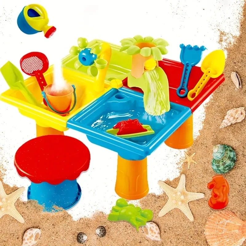 25pcs Beach Table Sand Play Toys Set 4-in-1 Sand Water Table with Fun Sea & Beach Accessories Summer Children Outdoor Games