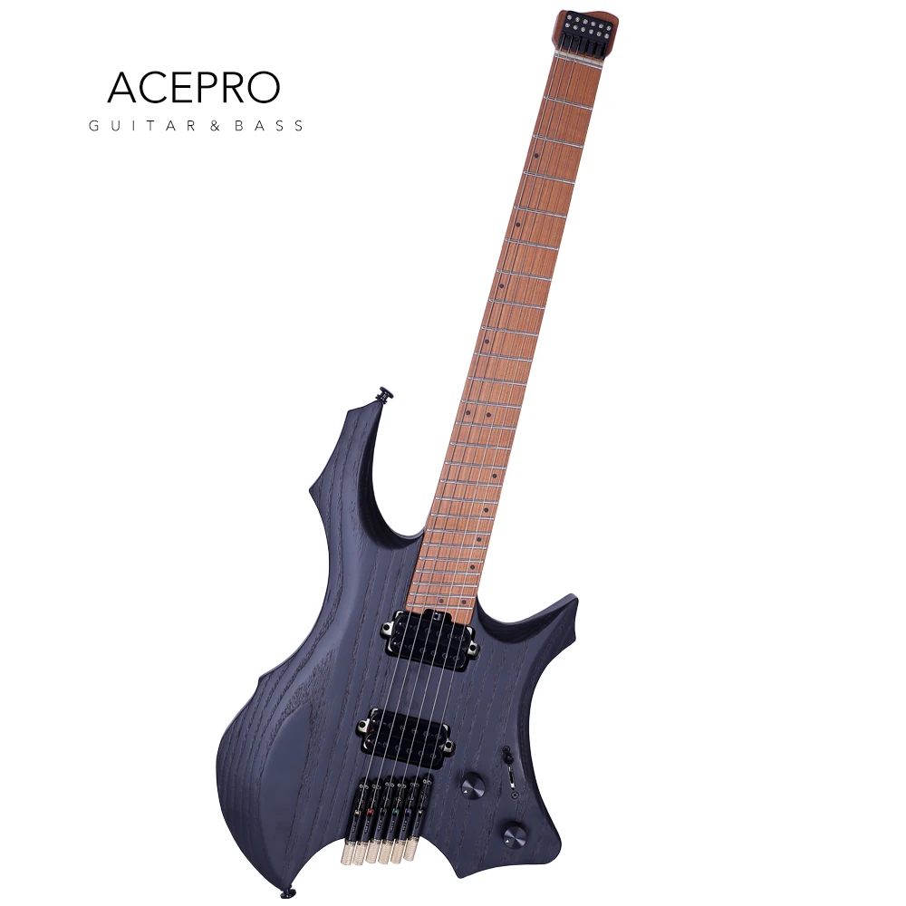 New Headless Electric Guitar Satin Black Ash Body, Jumbo Stainless Steel Oblique Frets, Roasted Maple Neck, Color Customizable