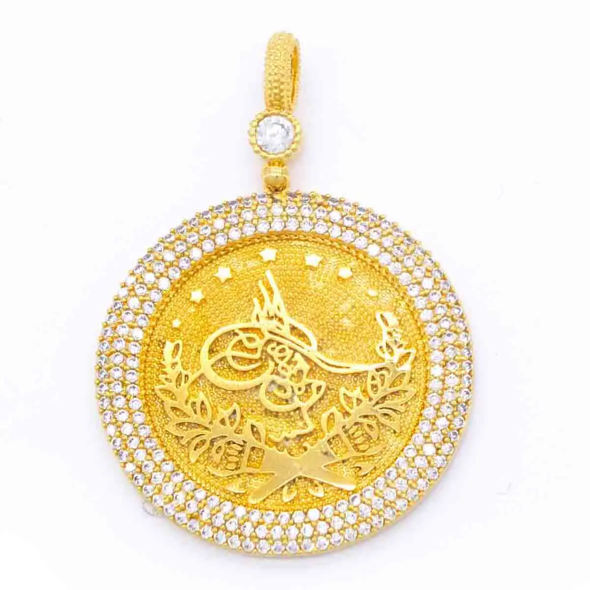 Gold Plated Women's Pendant Chain Tugra Drop Pattern Zircon Stone Round New Fashion Turkish Tradition Wedding Engagement Gift