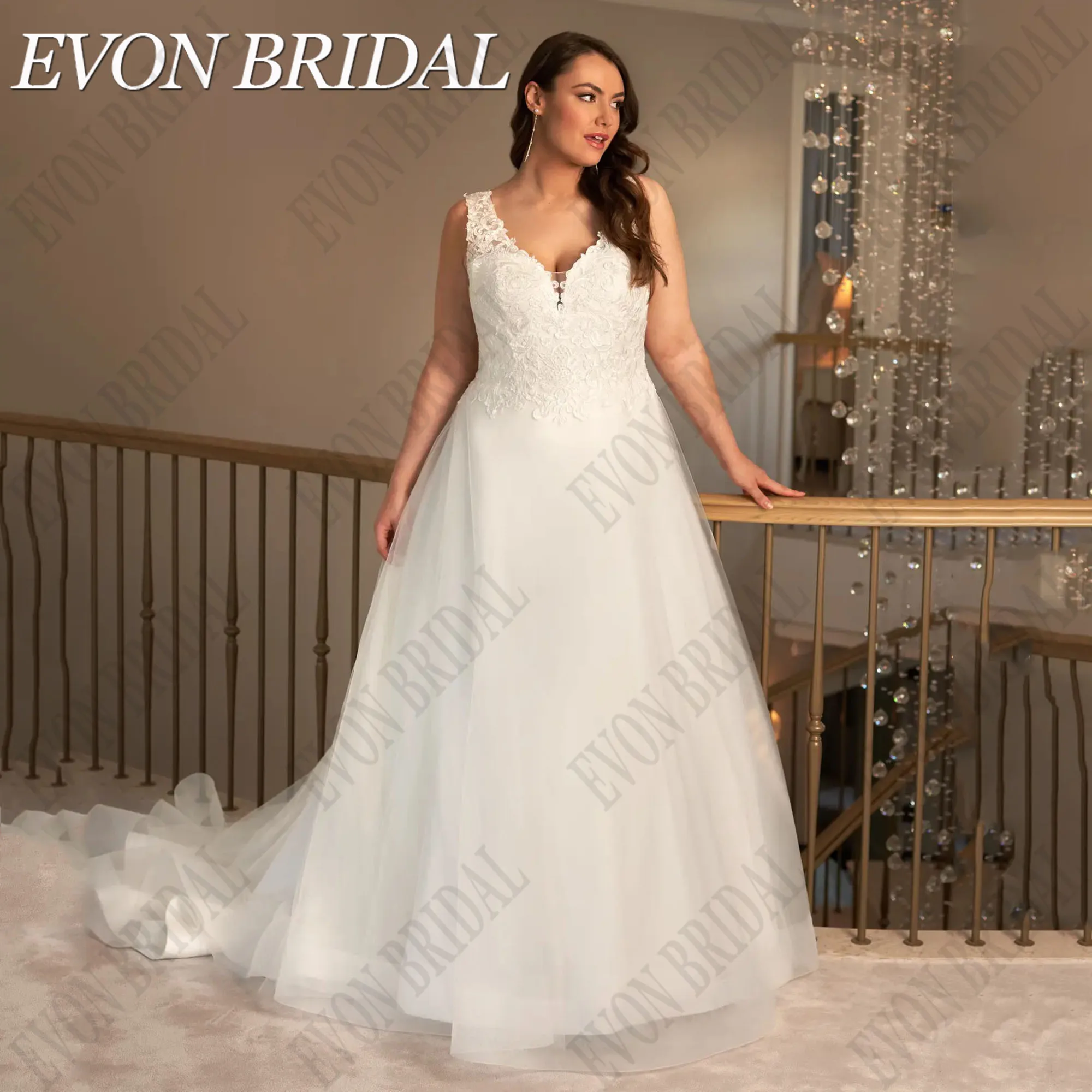 

EVON BRIDAL Elegant Lace Up Applique Tulle Spaghetti Straps V-Neck Wedding Dress Plus Size A-Line Vestidos De Novia Customized