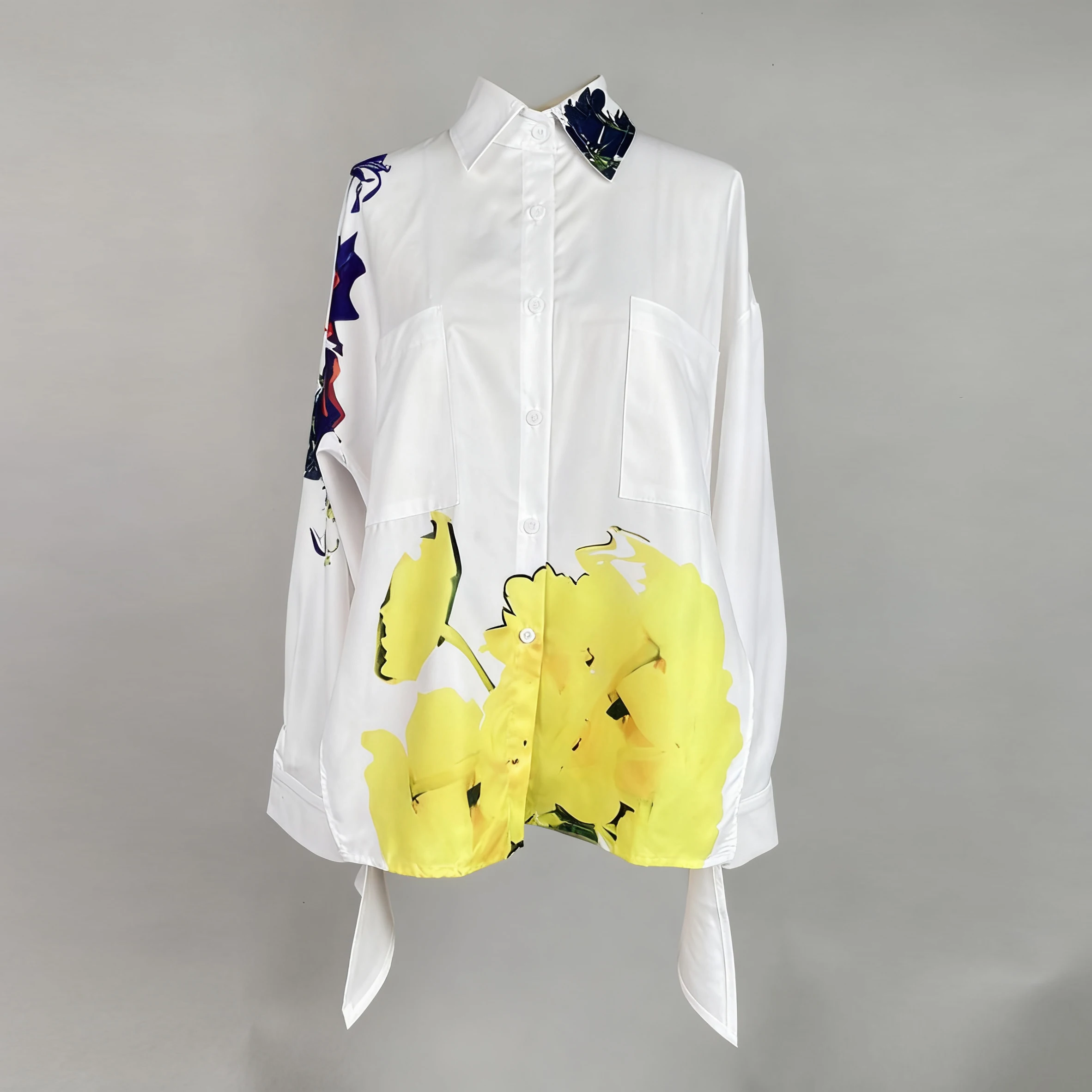 Mulheres blusas soltas brancas camisa 2025 primavera outono alta-baixa mangas compridas impressão bolsos oversize namorados laple topos feminino