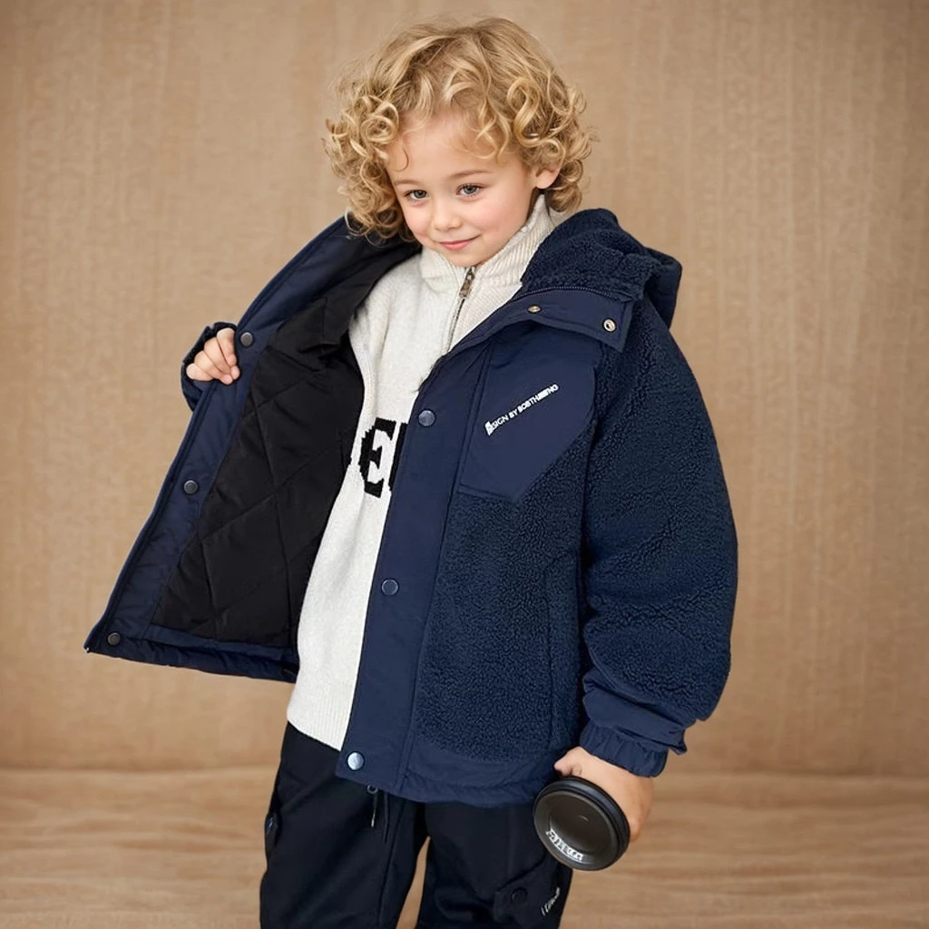 Fashion Baby Boy Winter Cotton-padded Hooded Jacket Thick Infant Toddler Child Warm Lamb Wool Coat Outwear Baby Clothes 3-16Y