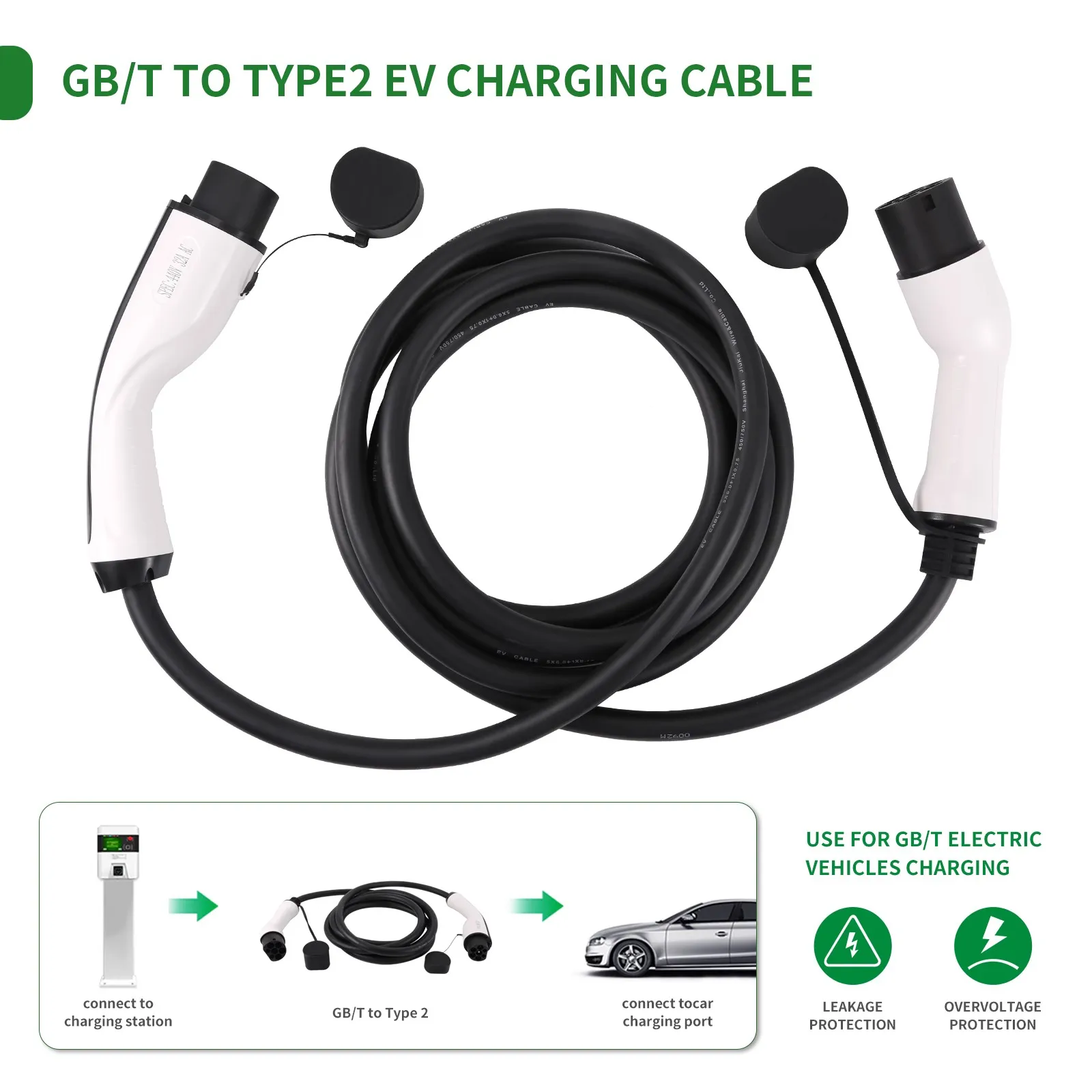 Type 2 to GBT EV Car Charging Cable 32A 22KW Three Phase Electric Vehicle Cord for Car Charger Station Female to Male Plug