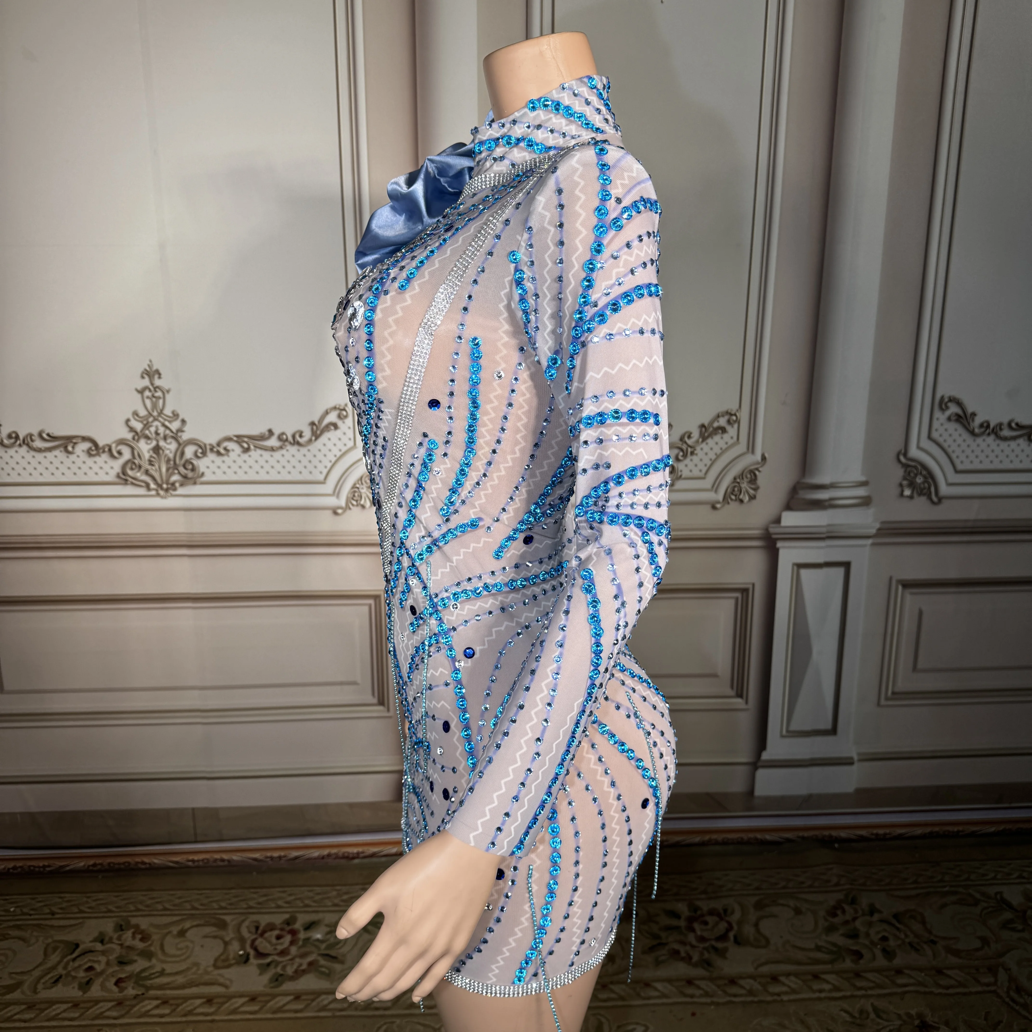 ZD glamorous one sleeve bodycon dress featuring sparkling blue rhinestones  and crystal embellishments on sheer nude mesh fabric - AliExpress 200000345